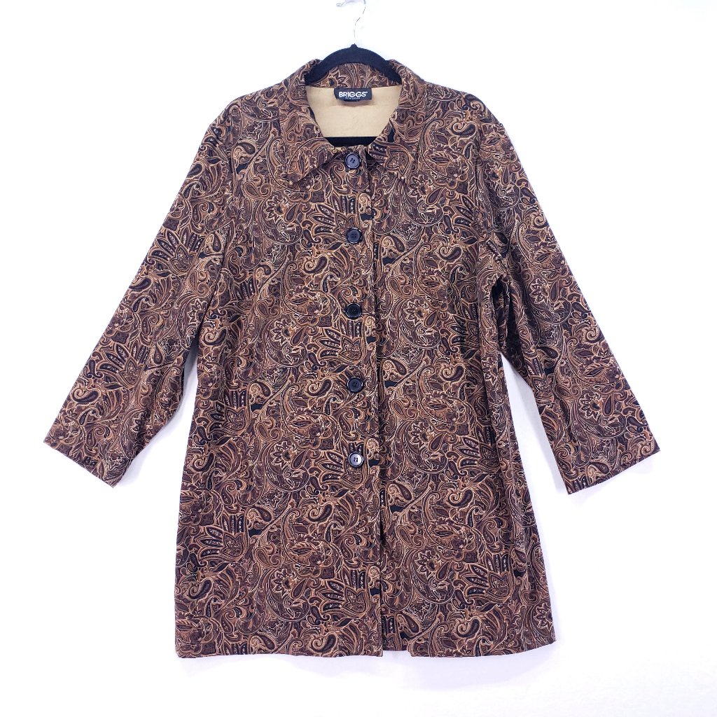 Briggs New York Jacket Mid Coat Button Long Sleeve Blazer Brown Paisley Size 1x
